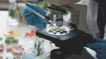 A person in a lab coat is looking at a microscope video