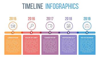 Horizontal timeline infographics template with five elements for text and circles for icons vector