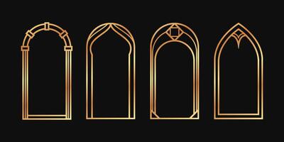 Linear vecrtical boho arch in gold color. Art Deco bohemian frames set on black vector