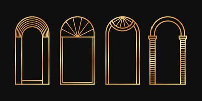 Linear decorative boho arch in gold color. Art Deco bohemian frames set on black vector