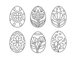 Linear Easter Eggs set with floral ornaments. Outline spring coloring page vector