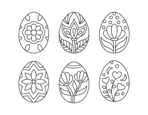 Linear Easter Eggs set with floral ornaments. Outline spring coloring page