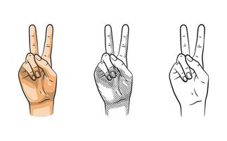 Hand Gesture Number Two Line Art Shaded Colored vector