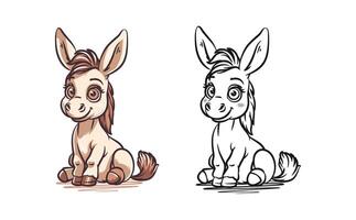 Charming Donkey Illustration Set Line Art and Colorful vector