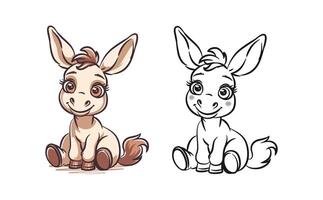 Playful Donkey Illustrations Featuring Line Art and Colored Versions vector