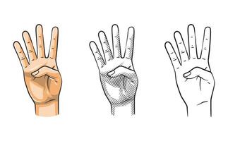 Hand Gesture Number Four Line Art Shaded Colored vector