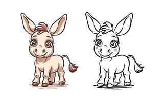 Charming Donkey Illustration Set Line Art and Colorful Design vector