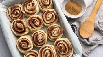 Cinnamon rolls rising, baking preparation video