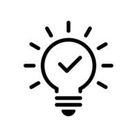 Light bulb outline with check mark icon. Lamp with tick sign. Insight, tip with checkmark symbol vector