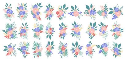 A large set of flower arrangements with blue roses and plants vector