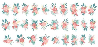 A large set of flower arrangements with pink roses and plants vector