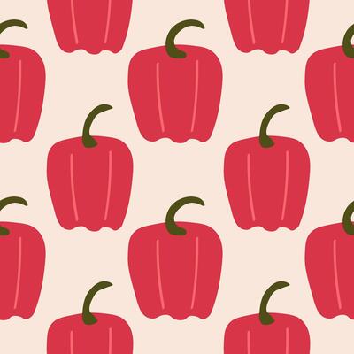 Seamless pattern with red pepper Paprika. Repeating background with Capsicum vegetables, orange-red spice fruits. Food and harvest. Design rapport for label, wrapping, paper, textile, banner