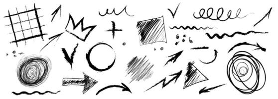 Arrow abstract brush line stroke set. Kid color paint square, spiral, arrow element shape scribble line brush hand drawn sketch . vector