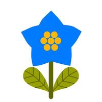 A charming blue flower with a star-shaped design, a cluster of yellow dots in the center, and fresh green leaves. Perfect for digital art, floral stickers, and decorative elements. vector