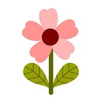 A cute pink flower with heart-shaped petals and a red center, paired with green leaves. Perfect for stickers, clipart, and decorations, adding a sweet and cheerful touch to any design or project. vector