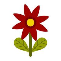 A charming red flower with pointed petals, a bright yellow center, and fresh green leaves. Perfect for stickers, clipart, and decorations to add a bold and cheerful floral touch to any design. vector