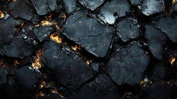 Abstract 3D Background of Cracked Black Stone with Glowing Edges photo