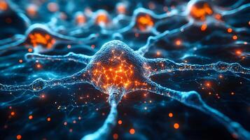 Abstract 3D Render of Neuron Cell in Blue and Orange photo