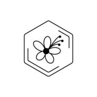 Minimalist floral emblem in hexagon frame. Lipa black line pictogram. Floral themes, pollen, field honey in a minimalistic style. vector