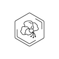 Minimalist hibiscus flower icon in hexagonal frame. black line pictogram. Tropical themes, pollen, field honey in a minimalistic style vector
