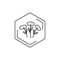 Chamomiles black line pictogram. Minimalist flower emblem inside hexagon outline. Floral themes, pollen, field honey in a minimalistic style. vector