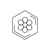 chamomile black line pictogram. Minimalist flower emblem inside hexagon outline. Floral themes, pollen, field honey in a minimalistic style. vector