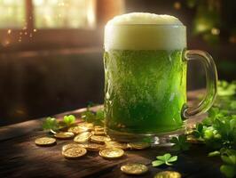 St. Patricks day celebration with frothy green beer and clover adorned wooden table photo