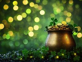 Elegant golden pot with coins and clover leaves on sparkling green background for St. Patricks day decoration photo
