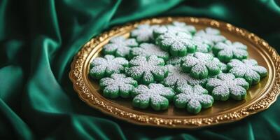 Close up of green shamrock cookies on golden plate for saint Patricks day celebration photo