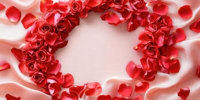 Romantic flat lay with vibrant red rose petals on soft pink fabric for Valentines day or wedding decoration photo