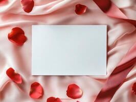 Romantic wedding invitation flat lay with rose petals on silk background photo