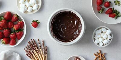 Luxurious dessert arrangement with chocolate fondue and fresh strawberries for event planning photo