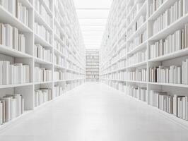 Endless rows of white bookshelves in minimalist library interior design photo