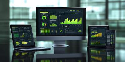 Corporate branding mock up featuring erp dashboard on multiple devices for digital presentation photo