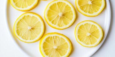 High resolution flat lay of fresh lemon slices. Citrus fruit arrangement for kitchen decor photo
