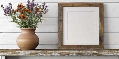 Rustic farmhouse decor with distressed frame and floral arrangement on wooden shelf photo