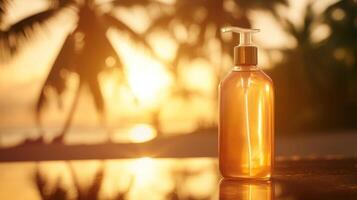 Sun protection concept with glass spray bottle of spf mist in tropical sunset setting photo