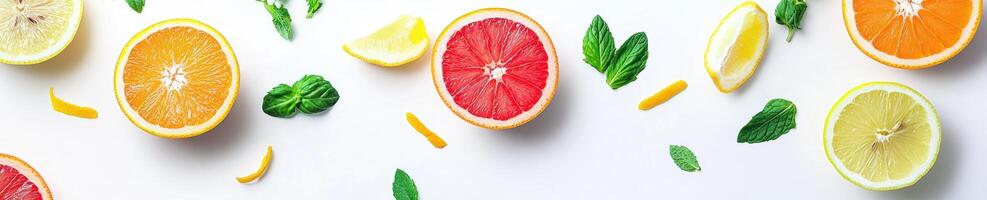 Fresh citrus flat lay with vibrant lemon, orange, and grapefruit slices for culinary inspiration photo