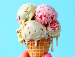 Summer treat. Close up of dripping ice cream cone against blue background photo