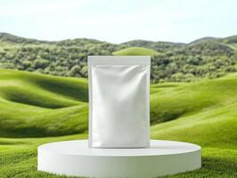 Minimalist eco friendly product packaging display in nature setting photo
