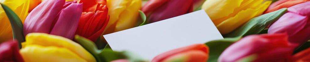 Blank card surrounded by vibrant spring tulips for celebration and greetings photo