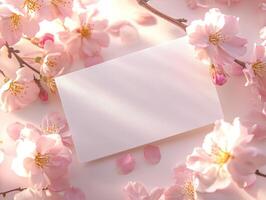 Dreamy softly lit flat lay with crisp white blank card and cherry blossoms for spring design photo