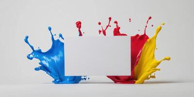 Hyper realistic studio shot of blank white canvas with colorful paint splash photo