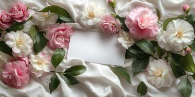 Elegant floral border with pink and white camellias on soft fabric background for invitations or greeting cards photo