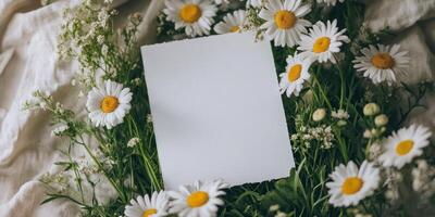 Hyper realistic blank white card in daisy flower arrangement for nature inspired design photo
