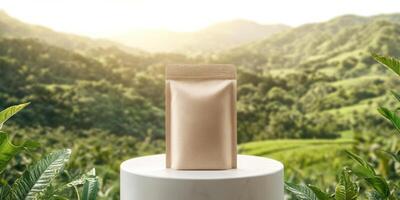 Hyper realistic protein powder bag on pedestal in lush greenery setting photo