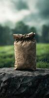 Dark moody protein bag mockup on stone surface in nature setting photo