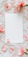 Dreamy floral greeting card mockup with cherry blossoms on elegant fabric for invitations photo