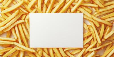 Blank white card surrounded by crispy french fries in hyper realistic studio setting photo