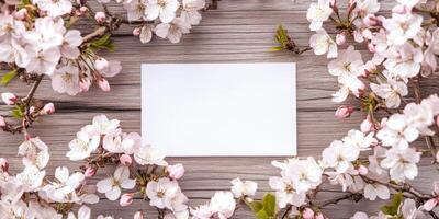Elegant floral mockup with cherry blossoms on wooden background for invitations or greeting cards photo